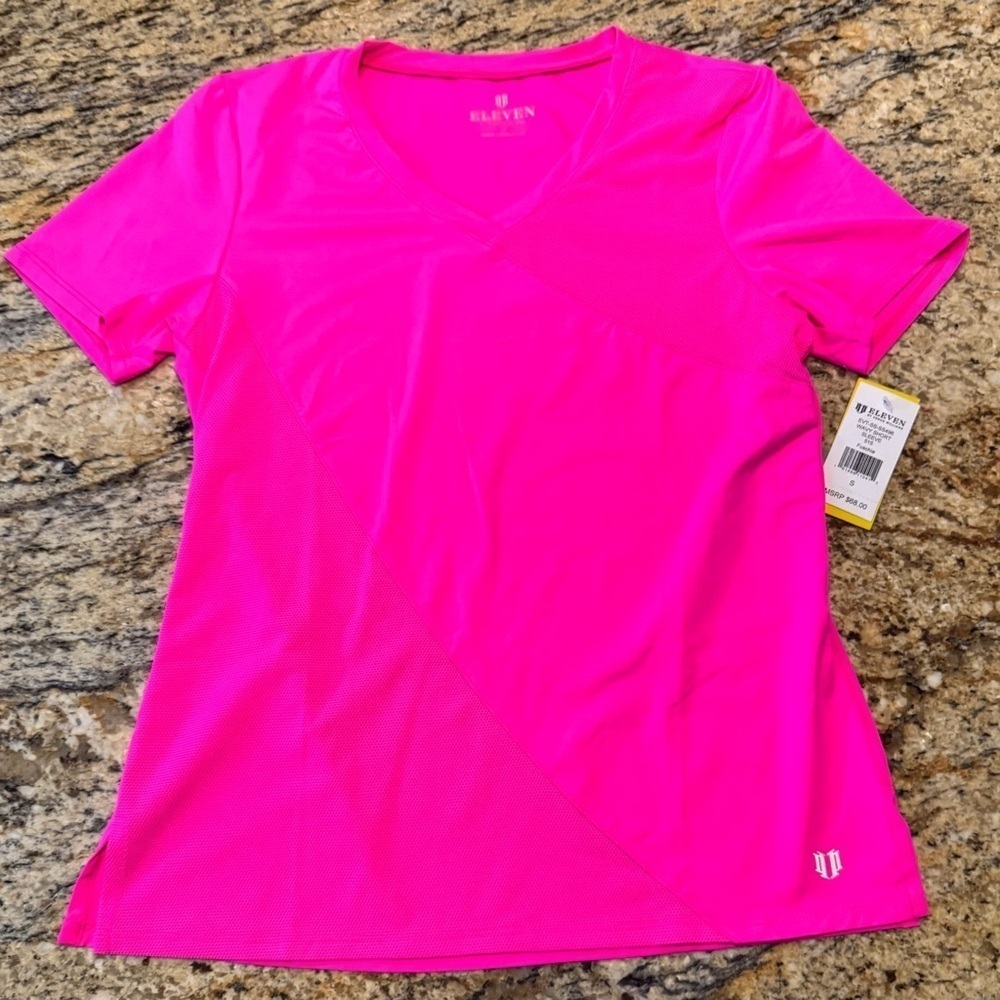 Eleven by Venus Williams Women's Wavy Mesh Inset Short Sleeve Fuschia Shirt Sz S